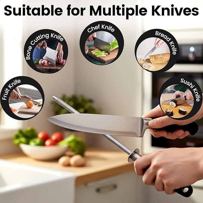 Kitchen Knife Sharpener Rod, Fast Sharpening Professional Blade Sharpener Carbon Steel, Chrome Plated Honing Rod With Hanging Hole, Black 8 Inch - Image 6