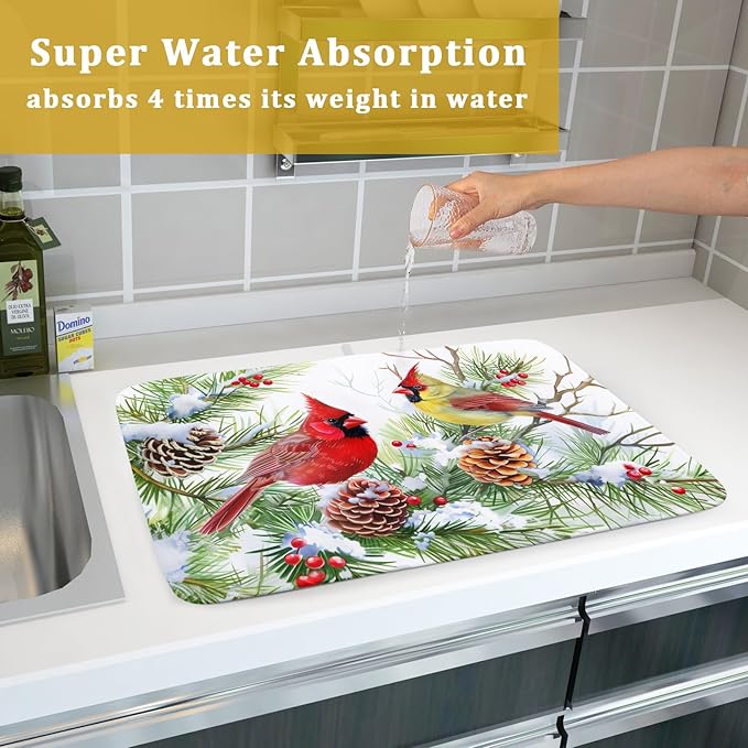 Giwawa Red Birds Dish Drying Mat, Xmas Tree Branch Holly Red Berries Dish Drainer Mats, Winter Snow Pine Cones Reversible Dish Drying Rack Pad Protector for Kitchen Countertop Decor, 18"x24"