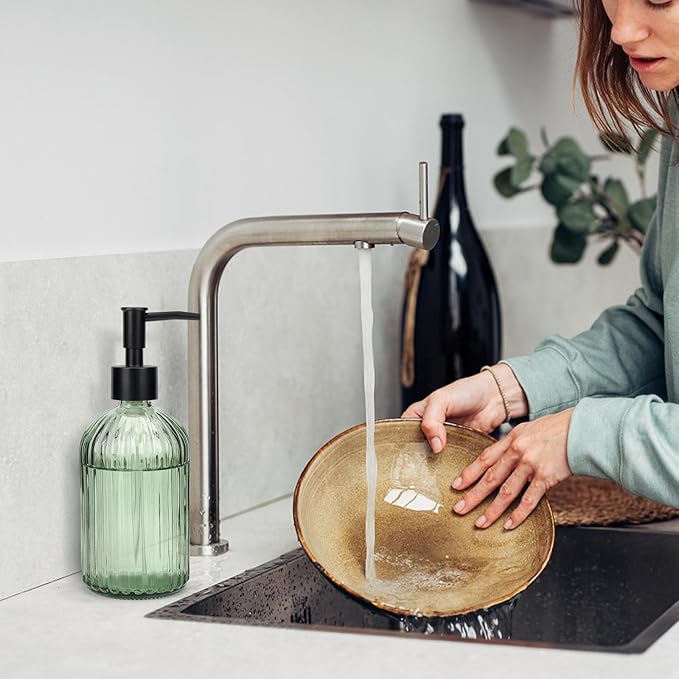Topsky Glass Soap Dispenser with Black Plastic Pump, 400ml Liquid Hand Soap Dispenser, Rustproof Pump for Kitchen & Bathroom, Great for Lotions, Essential Oil, Liquid Soaps (Army Green) - Image 9