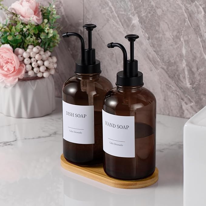 Glass Soap Dispenser with Pump, Dish and Hand Soap Dispenser for Kitchen Bathroom Set, Clear Glass Dispenser Set of 2 Pack with 18 Stickers Funnel Bamboo Tray 500ml 18oz Amber - Image 8