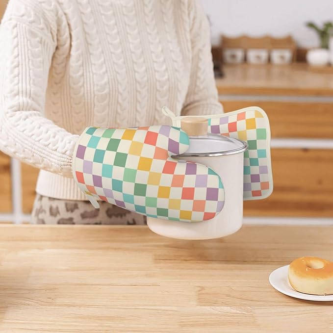 Vintage Checkered Silicone Oven Mitts Pan Mats Set of 2, Heat Resistant Gloves Potholder with Non-Slip Grips Hanging Loops Pot Holder, Spring Summer for Chef Cooking, Baking, Grilling, BBQ