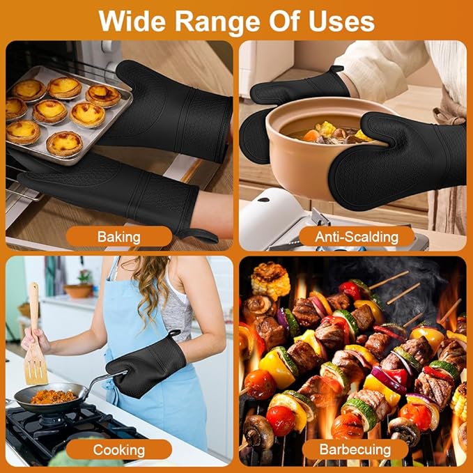 AUAUY Oven Mitts with 2 Potholders, Silicone Oven Gloves Heat Resistant 464°F, Non-Slip Silicone BBQ Gloves, Waterproof Cooking Gloves, Oven Gloves for Barbecue Kitchen Baking Microwave, Black - Image 7