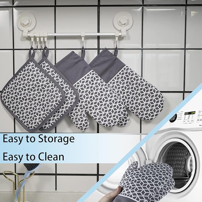 Oven Mitts and Pot Holders Sets 6pcs, Thick Cotton Oven Gloves High Heat Resistant 500℉with Extra Long Oven Mitts and Hot Pads Potholders with Non-Slip Silicone Surface for Cooking Baking - Image 9