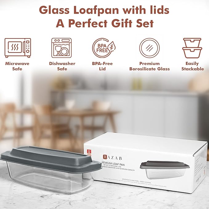 Razab LARGE 7.6 Cups/1800 ML/1.9 Qt Glass Loaf Pan with Lids - Meatloaf Pan BPA free Airtight Lids Grip Handle Easy Carry, Microwave and Oven Safe - Loaf Pans For Baking Bread, Cakes, Glass Loaf Pan - Image 9