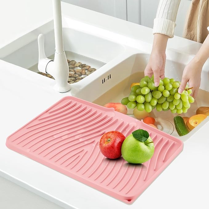 TIKNIK Silicone Dish Drying Mat, Stone Drying Mat for Kitchen Counter with Built-In Drain, Non-Slip Drain Pad with Built-in Drain, Heat Resistant Stone Drying Mat, Hangable, Pink-1pcs, 16" x 12" - Image 7