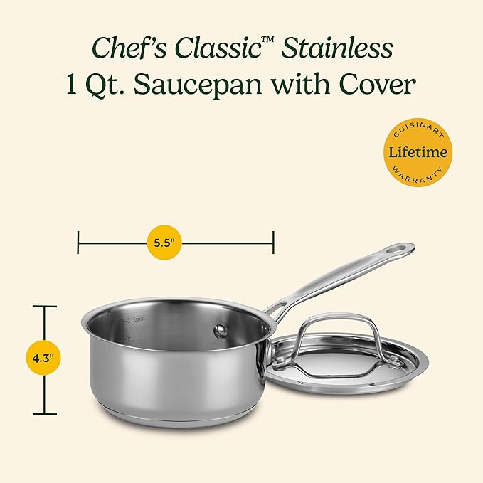 Cuisinart 1 Quart Saucepan w/Cover, Chef's Classic Stainless Steel Cookware Collection, 719-14 - Image 3