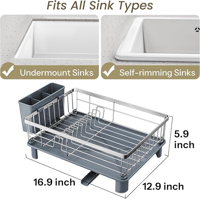 SNTD Dish Drying Rack - Small Dish Rack for Kitchen Counter, Stainless Steel Dish Drainer with Utensil Holder and Drainboard, 12.9" W x 16.9" L (Silver) - Image 2