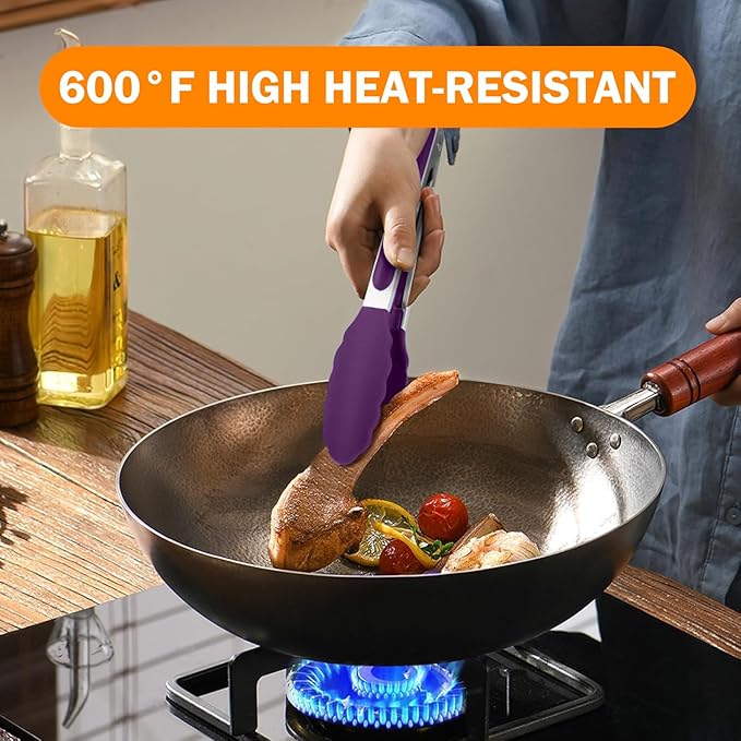 Kitchen Tongs, Stainless Steel Cooking Tongs with Silicone Tips, 600ºF High Heat-Resistant Non Scratch Locking Tongs for Cooking BBQ Grilling Air Fryer Pans, Set of 3 (7" 9" and 12") Purple - Image 9