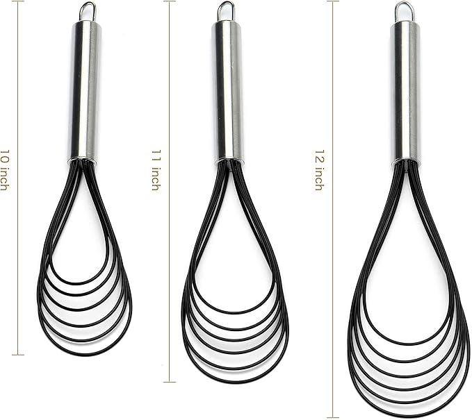 Flat Whisk Set,Stainless Steel 3 Pack 10''+11''+12'' Premium Sturdy-6 Silicone Heads Non Stick Wires Whisk for Blending Beating Stirring Kitchen Cooking by Jell-Cell (Black) - Image 5