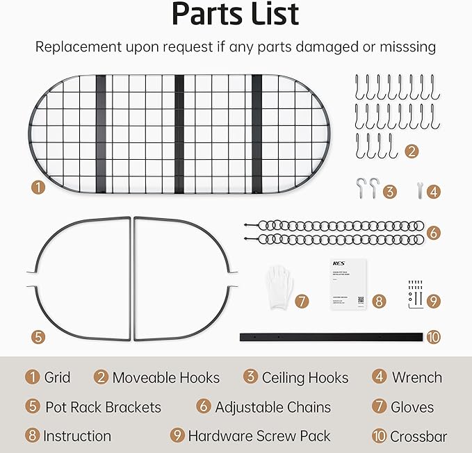 KES 48 Inch Large Hanging Pot Rack, Heavy Duty Oval Pot and Pan Hanging Rack Ceiling Mount, Pot Pan Hangers for Kitchen with 20 Hooks, Matte Black, (For 16" and 24" Joist Mount), KUR225S122-BK - Image 9