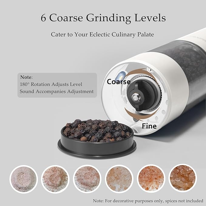Electric Salt and Pepper Grinder Set, USB Rechargeable, Automatic Salt and Pepper Mill Grinder with Adjustable Coarseness, Electric Salt Shakers, LED Light, Refillable (2 Packs, Black&White) - Image 6