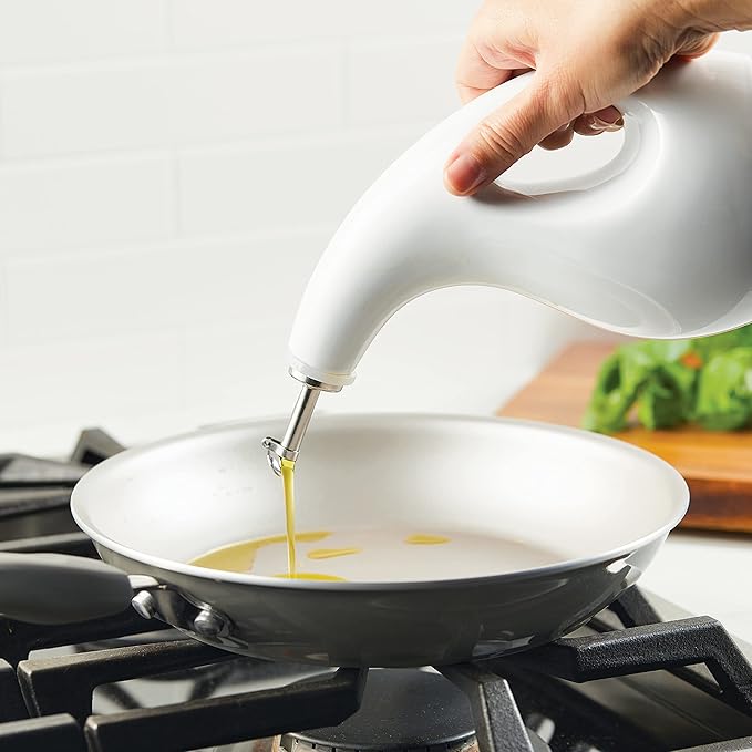 Rachael Ray Ceramic EVOO Oil and Vinegar Dispensing Bottle with Spout, 24 Ounce, White - Image 11