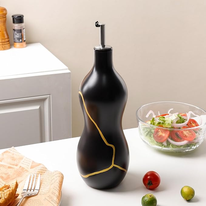 BosilunLife Ceramic Olive Oil Dispenser Bottle, 14 Oz Oil Cruet with Elegant Gold Accent & Curved Ergonomic Design, Non‑Drip Vinegar Bottle for Kitchen & Dining, Black