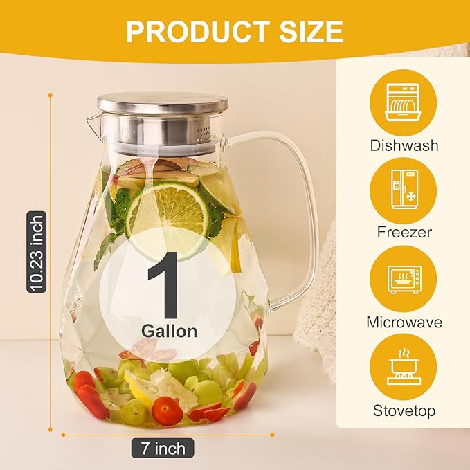 Glass Pitcher with Lid,1 Gallon Glass Water Pitcher Hot/Cold Water Jug, Juice and Iced Tea Beverage Carafe with Lid (Extra-Wide Mouth) - Image 8