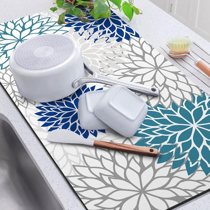 Findosom 2PCS 16" x 24" Dish Drying Mat & 24" x 5.5" Sink Splash Guard, Super Absorbent & Cuttable Dish Mat Drying Kitchen Mat with Blue Floral, Hide Stain Drying Mat for Kitchen Counter - Image 9
