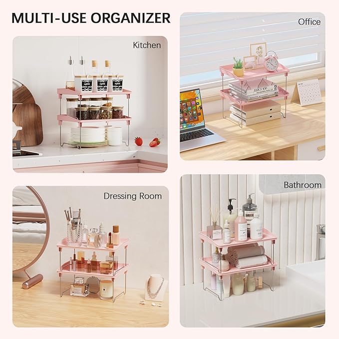 STARLATTA 2 Pcs Cabinet Organizer Shelf,Stackable Kitchen Counter Shelves, Spice Rack,Countertop Organizers,Pink Plastic Storage Shelves Rack for Makeup,Bathroom, Cupboard,Desk,Pantry Organization - Image 6