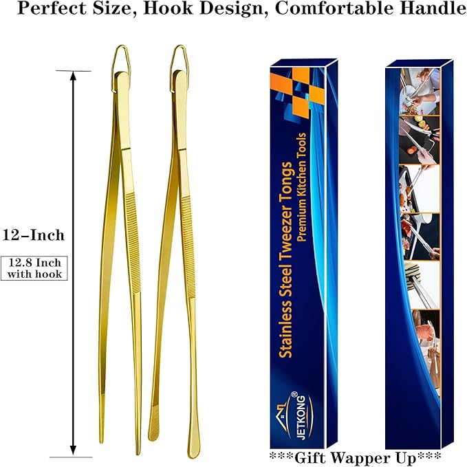 JETKONG 2 Pcs 12-Inch Cooking Tweezers Stainless Steel Food Tweezers Kitchen Tweezer Tongs (Gold) - Image 7
