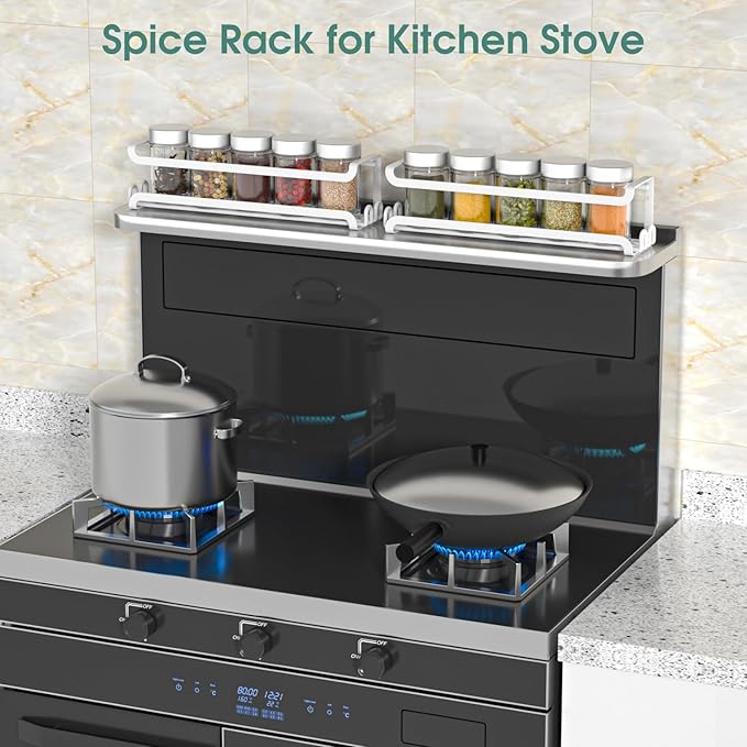 LUCYCAZ 2 Pack Wall Mounted Spice Rack with 8 Hooks, Spice Organizer Shelf for Stove Cabinet Pantry Door,Screw or Adhesive Spice Shelf Hanging Wall Spice Rack in Kitchen and RV (White, 2 PACK) - Image 9