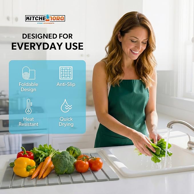 Stone Drying Mat for Kitchen Counter - Super Absorbent, 30sec Fast-Drying Diatomite Dish Mat, Collapsible for Kitchen.