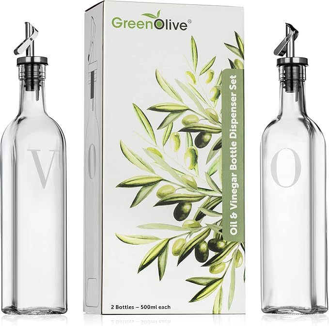 GREENOLIVE Olive Oil and Vinegar Dispenser Set - 17 oz. Glass Bottles with No-Drip BPA-Free Spouts - Stylish O and V Identifiers for Kitchen and Dining Use - Set of 2 - Image 7