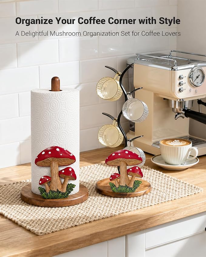 Mushroom Decor Paper Towel Holder, Cottage Core Decor for Kitchen Countertop, Cute Wood Paper Towel Holder Stand with 3D Resin Accent, Gifts for Women Mom Grandma