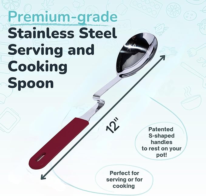 Souper Cubes + Lori Greiner No Mess Stainless Steel Cooking Spoon with Silicone Handle - Stainless Steel Serving Spoon No Mess Design Hooks on Side of Any Pot - Cranberry - Image 4