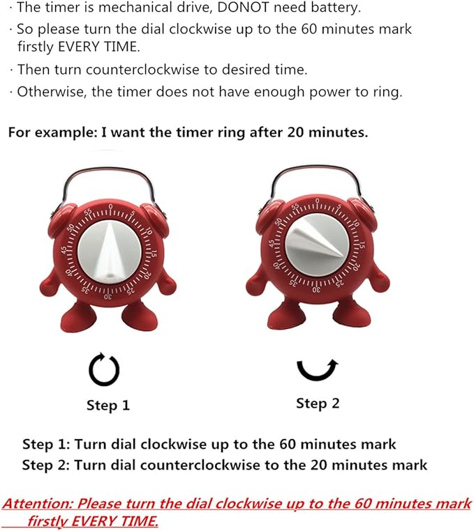 Kitchen Timer, 60 Minutes Countdown Cooking Teaching Egg Potty Training Wind Up Cute Timeout Timer No Battery (Red)
