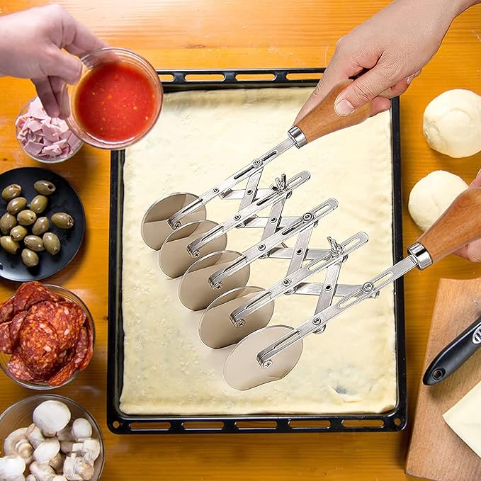 Juome 5 Wheel Pastry Cutter with Wooden Handle, Multi-Round Wheel Pasta Dough Cutter Roller Pizza Slicer Accordion Pastry Knife Divider Tool - Image 6