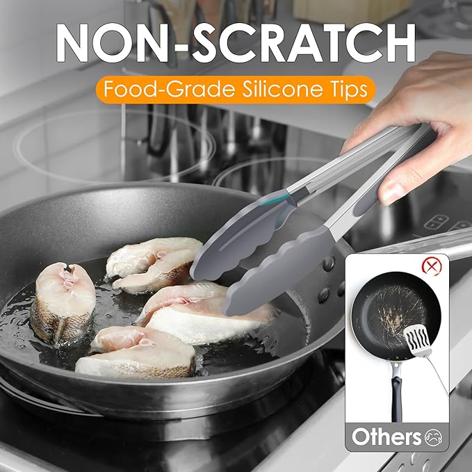 HOTEC Premium Stainless Steel Locking Kitchen Tongs with Silicon Tips, Set of 2-9" and 12" Light Grey - Image 8