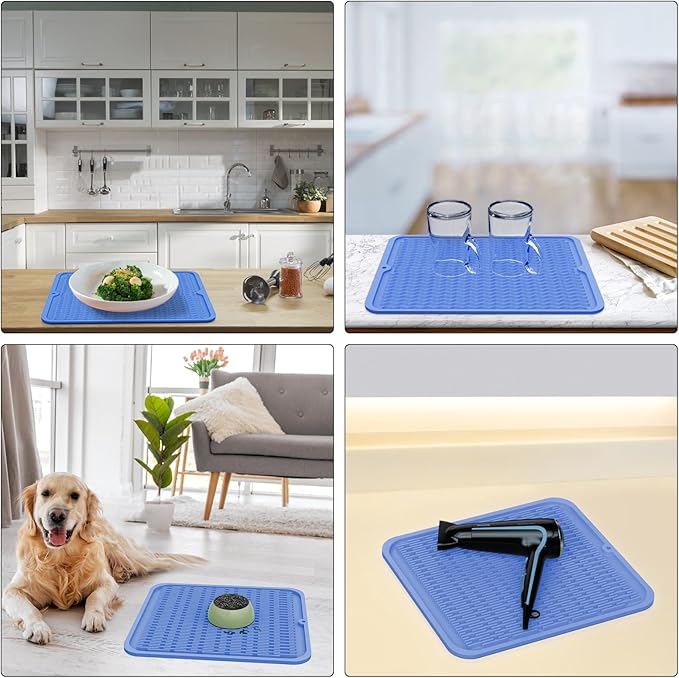 ZLR Silicone Dish Drying Mat 12" x 12" Square - Small Heat Resistant Trivet & Countertop Protector for Air Fryer, Coffee Maker - Waterproof Kitchen Drain Pad for Cups, Fruit (Lichen Blue) - Image 9