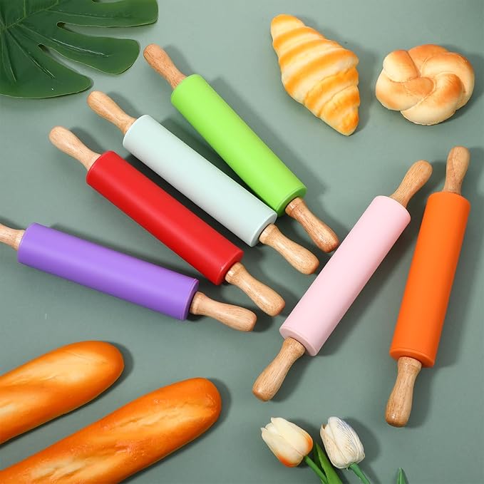 6 Pack Small Rolling Pins for Kids, Silicone Rolling Pin with Wooden Handle, Mini Rolling-Pins for Dough, Cookie, Pastry, 12 Inch (6 Colors) - Image 7