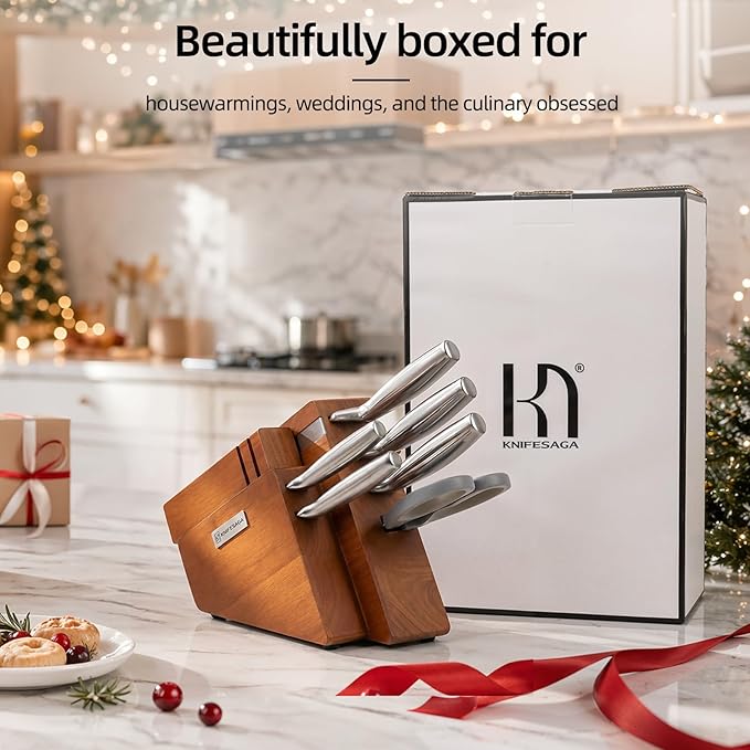 KnifeSaga Kitchen Knife Set with Block and Detachable Sharpener | 8-Piece High Carbon Stainless Steel Knife Block Set, Fully Forged Blades & Compact Design