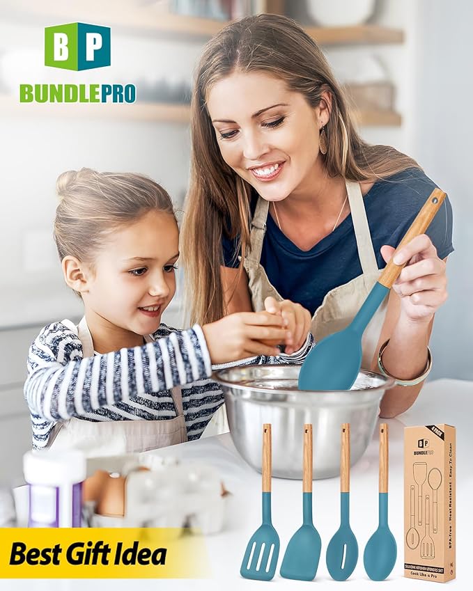 Pack of 4 Silicone Cooking Utensils Set, Non Stick Solid Spatulas and Heat Resistant Slotted Spoons with Wooden Handle, Ideal Wood Kitchen Utensils Set for Frying,Serving,Turning,Stirring (BLUE) - Image 7