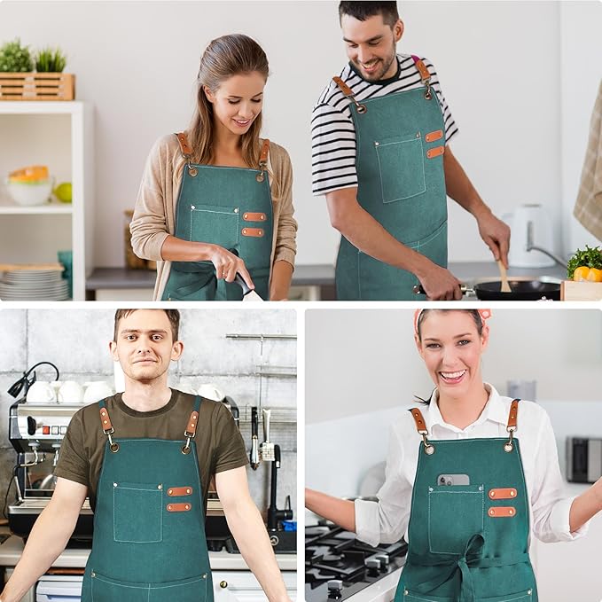 OUNLEN Chef Apron for Men Women Canvas Aprons with 3 Pockets Cross Back Resistant Work Apron for Cooking - Image 6