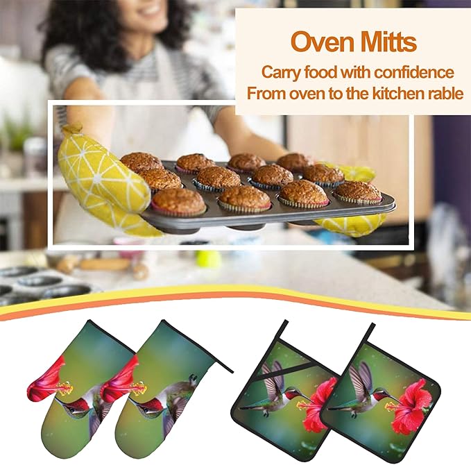 Oven Mitts and Hot Pads Set - Hummingbird Flower Design, Heat Resistant Cute Pot Holders for Kitchen, Baking Gifts for Women
