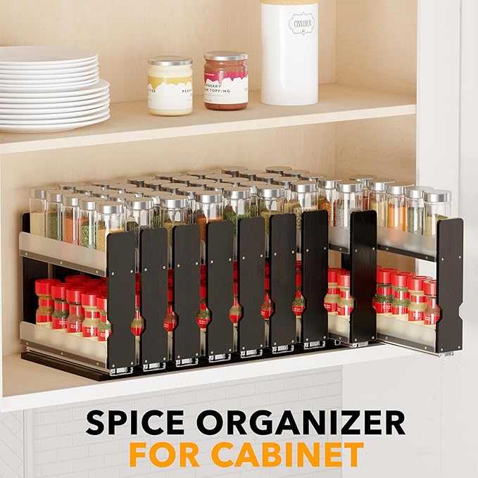 SpaceAid Bamboo Pull Out Spice Rack Organizer for Cabinet, Heavy Duty Slide Out Seasoning Kitchen Pantry Sliding Vertical Organization, 7.6" Wide, 3 Drawers(2" Wide), 2-Tier, Black - Image 6