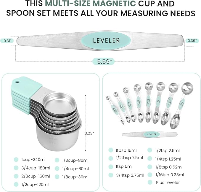 Magnetic Measuring Cups and Spoons Set-Heavy Duty 304 Stainless Steel,Double Measurement Markings,Set of 16 with Leveler for Measure Dry and Liquid Ingredients (Mint) - Image 6