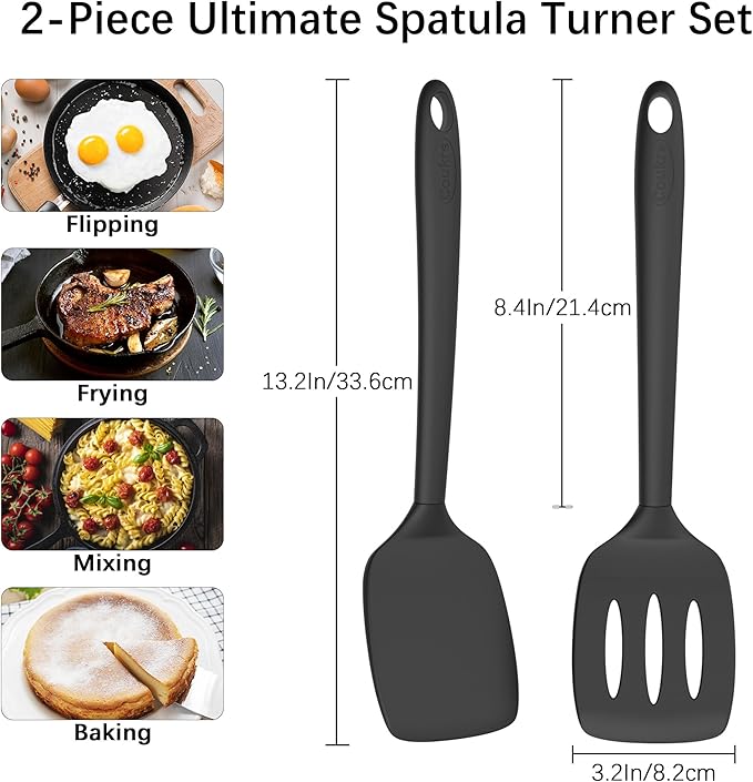 Coukre 2 Pack Silicone Spatula Set, High Heat Resistant, BPA Free Kitchen Spatula, Solid & Slotted Turner for Non-Stick Pans, Sautéing, and Flipping (2, PureBlack) - Image 6