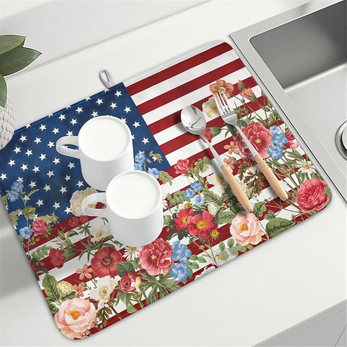 4th of July Dish Drying Mat 24x18 Inch, Patriotic Drying Mat with Absorbent Reversible Microfiber, Independence Day Dish Drainer Mats Memorial Day Rack Pad for Coffee Countertop Kitchen Protector