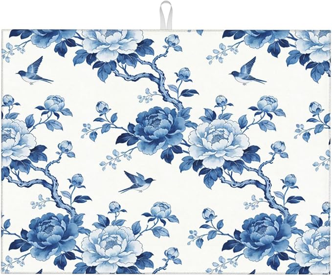 Chinoiserie Dish Drying Mat, for Kitchen Counter Microfiber Absorbent, Blue and White Dish Draining Mat Extra Large 18"x24" by Vodbne