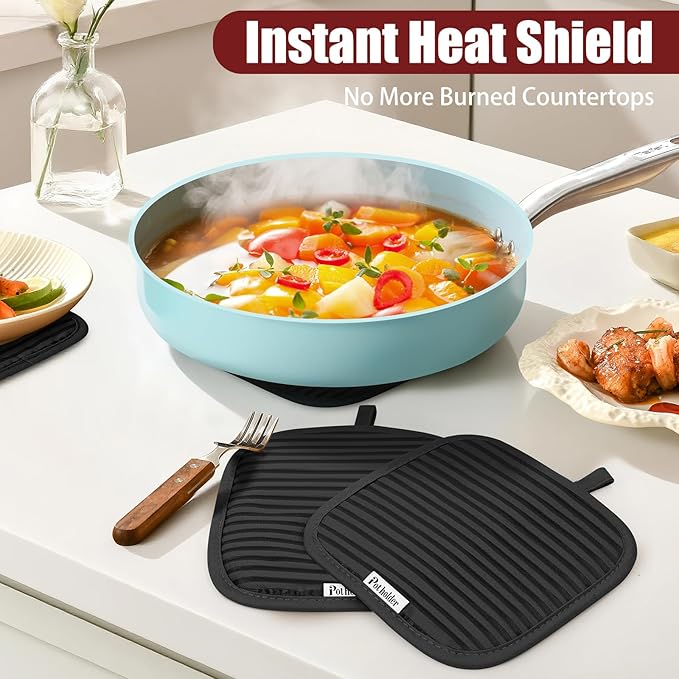 Oven Mitts and Pot Holder Sets with Silicone Grip, 500°F Heat Resistant-6 Pack Dishcloth/Dish Towels for Kitchen 100% Cotton-Value Kitchen Essentials for Cooking, Baking, Grilling-Black - Image 7