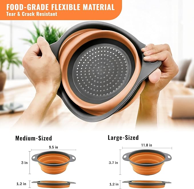 2 Pack Collapsible Silicone Colander with Handle, Over Sink Foldable Food Strainer, BPA-Free Space Saving Drain Basket for Vegetables, Fruits, Pasta, Kitchen & Camping (Orange) - Image 6