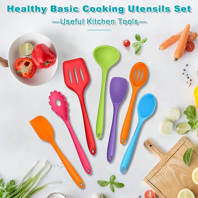 TeamFar Silicone Kitchen Utensils, 7-Piece Kitchen Cooking Utensil Set with Turner Spoon Spatula Ladle, Perfect for Baking Cooking Mixing, Heat-Resistant & Non-Toxic, Dishwasher Safe & Multi Colored - Image 7