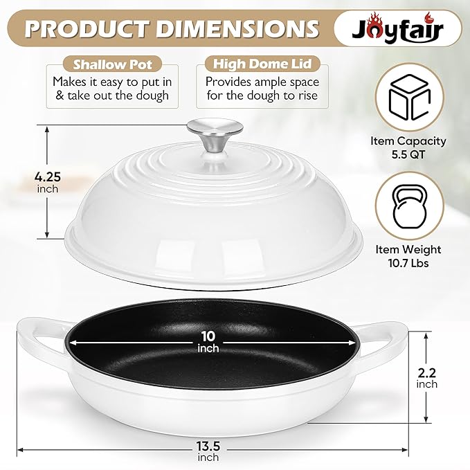 Bread Dutch Oven for Sourdough Baking (5.5 QT), Joyfair Enameled Cast Iron Dutch Oven Pot with Lid, Sourdough Bread Pan with Heavy Duty Dual Handles, Non-Stick & Even Heat, Oven-safe up to 500°F White - Image 7