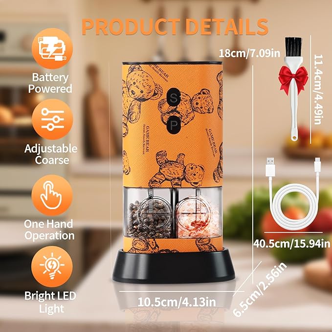 Dual Chamber Salt and Pepper Grinder Set Rechargeable,Electric Pepper Grinder USB-C,One-Hand Control Automatic Salt Mill Shakers,Ceramic Adjustable Coarseness,Large Capacity LED for Kitchen Home Gifts