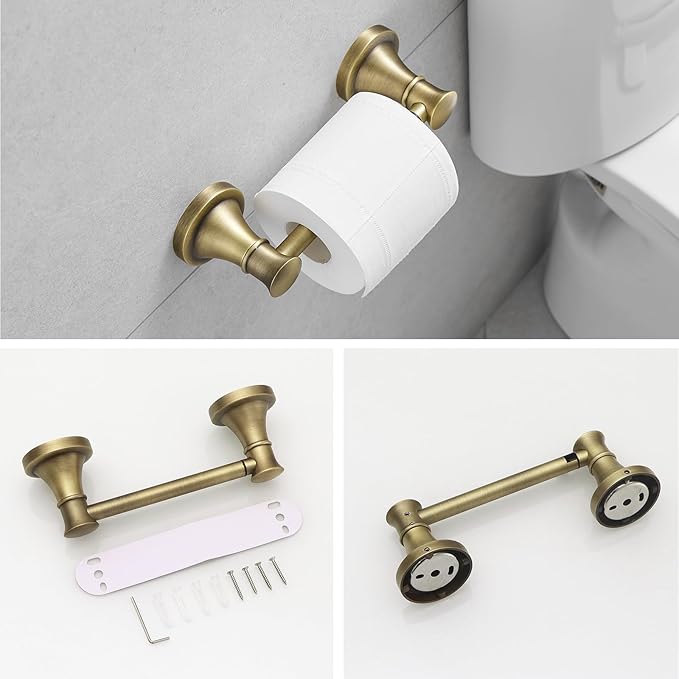 RUMOSE Toilet Paper Holder and Hand Towel Ring Antique Brass Wall Mount Bathroom Hardware Accessories 2 PCS Set Flexible Pivoting Toilet Tissue Roll Holder and Towel Hanger, Stainless Steel