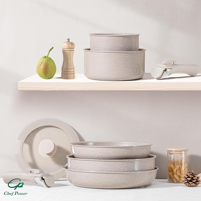 Chef Power Ceramic Nonstick Pots and Pans Set 19 Piece with Detachable Handle, Induction Dishwasher Oven Safe Cookware Set, RV Kitchen Set Removable Handle, Mocca Taupe - Image 8