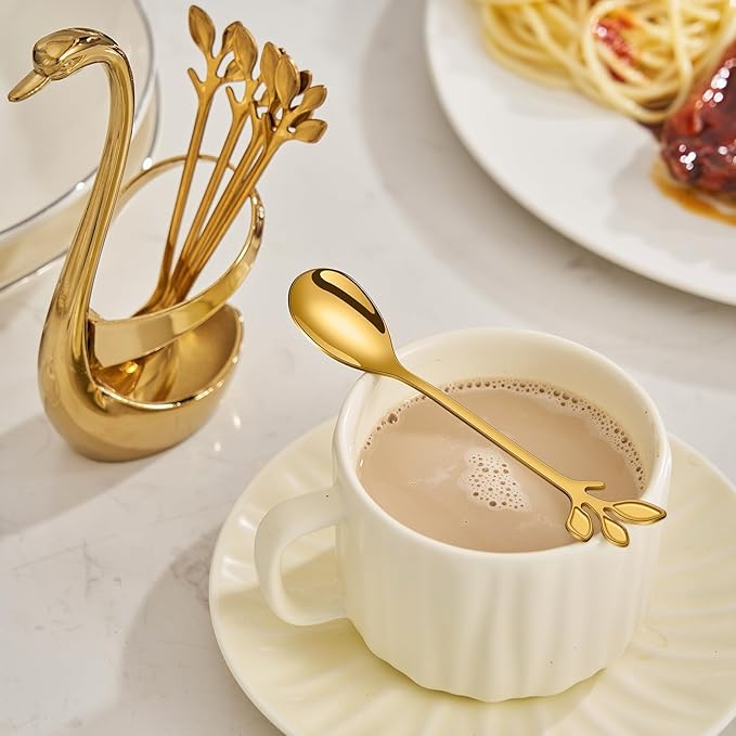 AnSaw Gold Small Coffee Spoon Holder Set,Swan Base With 10 Pcs Demitasse Espresso Spoons Set,4.7" Mini Leaf Dessert Spoon,Stainless Steel Tea Spoons - Image 9
