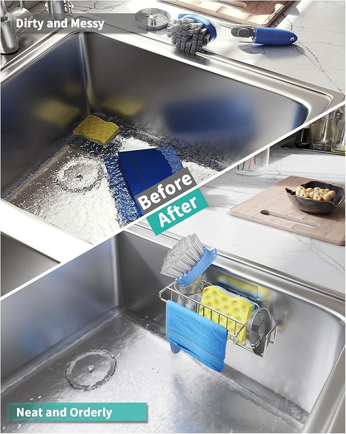 HapiRm Sink Caddy Sponge Holder - No Drill Sponge Holder for Kitchen Sink, Rustproof and Waterproof Kitchen Organizer - Brushed Nickel(8.65 * 3.54 * 2.36 in) - Image 7
