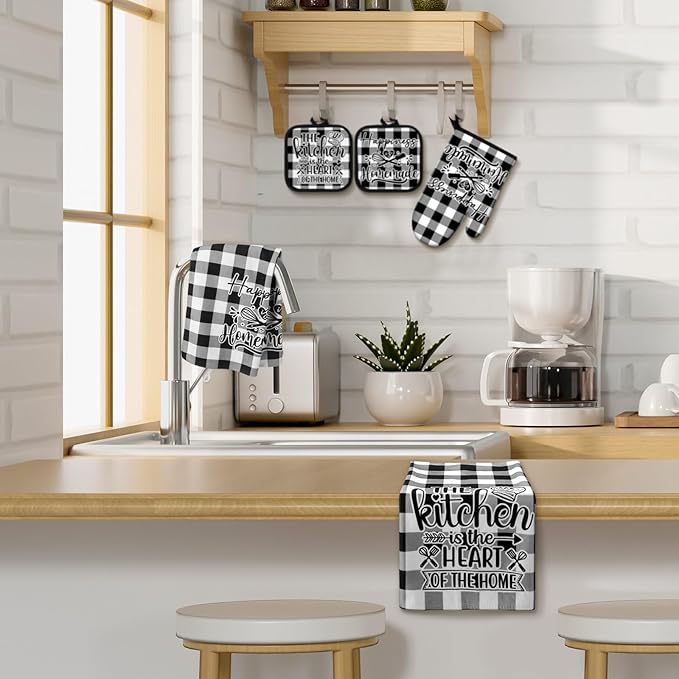 Sratte 6 Pcs Kitchen Decor Accessories Set Farmhouse Towels Pot Holders Oven Mitts Set 2 Dish Towels 2 Potholders 2 Cooking Mittens Oven Glove for Christmas Baking Cooking Supply(Black White,Kitchen) - Image 7